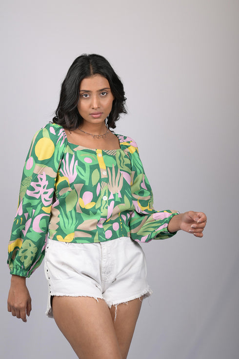 Printed Crop Top With Balloon Sleeves (OTL-TPS1084)